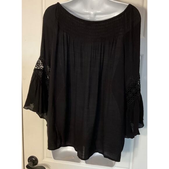 Cato Black Loose/Tunic 3/4 Sleeve w/ Embroidery Accent Elastic Neck Top XL - Picture 3 of 7